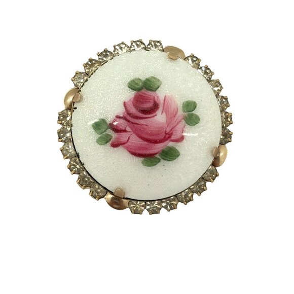 Vintage Floral Porcelain Rose Brooch With Rhinestone Accents - Picture 1 of 11